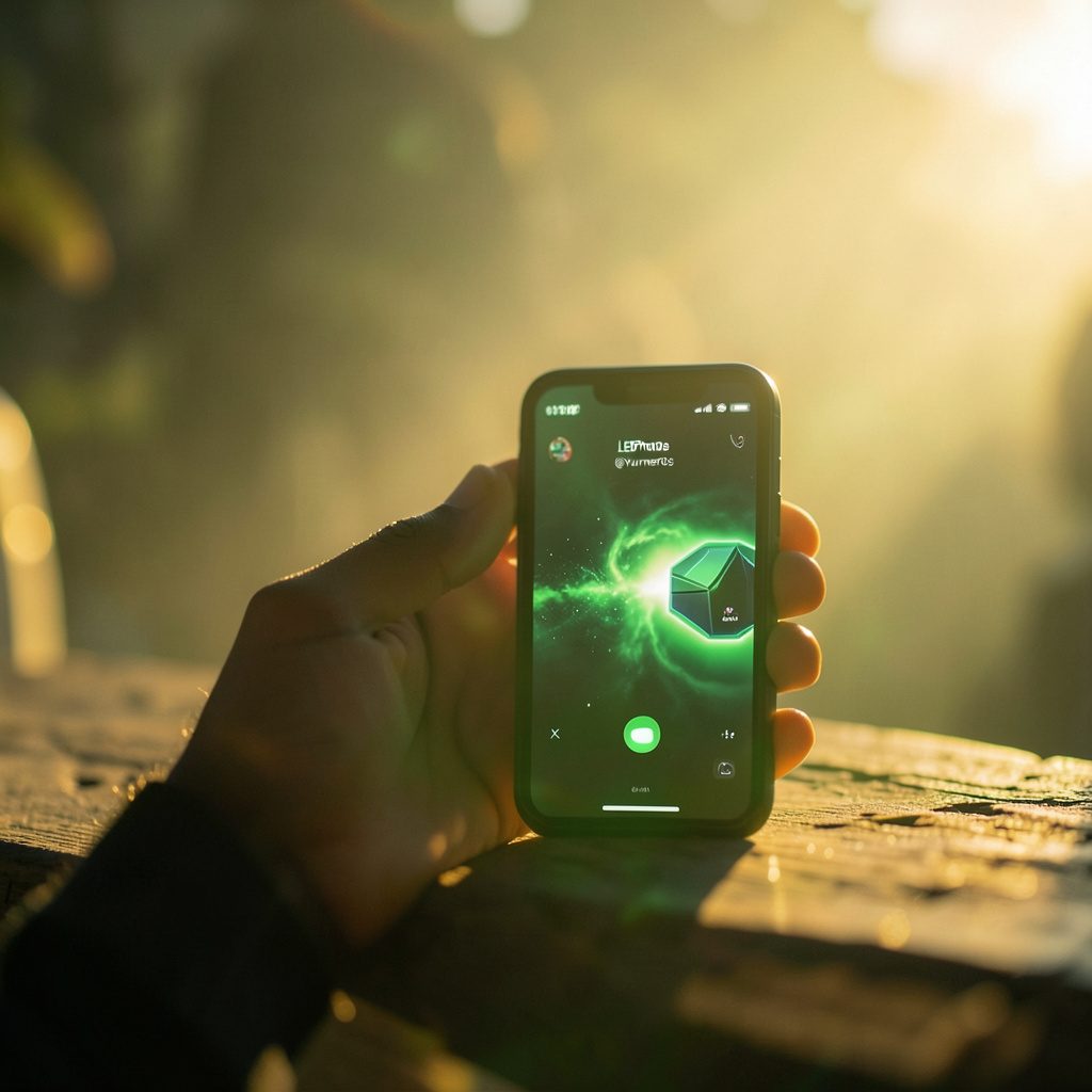 Persona sosteniendo un smartphone verde oscuro al aire libre bajo luz cálida de atardecer, ambiente activo y dinámico
